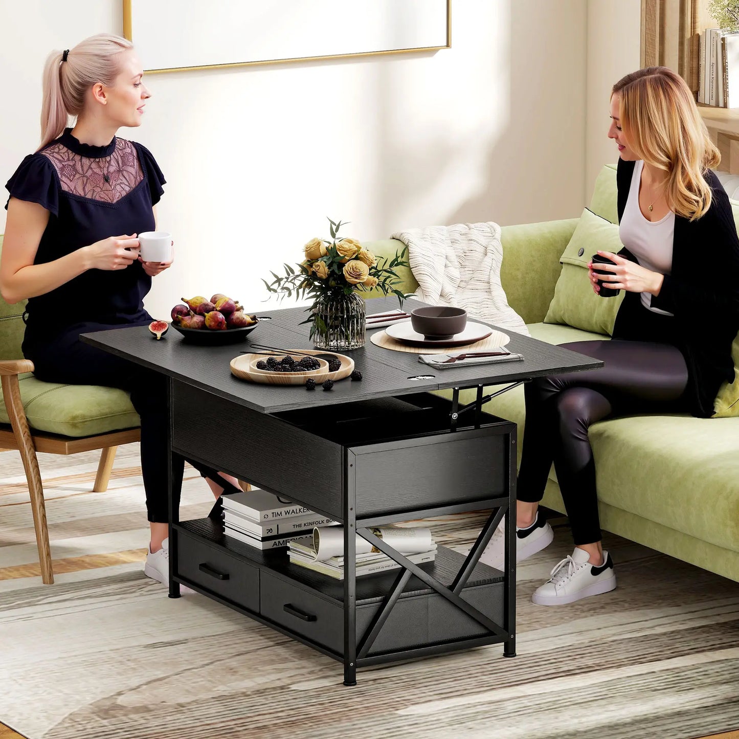 Modern Lift Top Coffee Table, Fabric Drawers, Hidden Storage, Distressed Black Coffee Tables at Gallery Canada