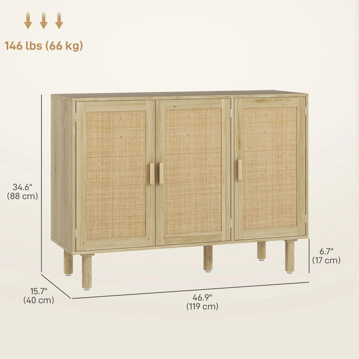 Bohemian Sideboard, 46.9" Buffet Cabinet, 3 Rattan Doors, Shelves, Oak Storage Cabinets at Gallery Canada