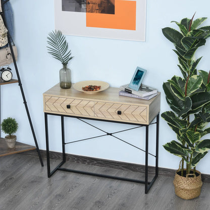 Industrial Console Table, 2 Storage Drawers, Metal Frame, X-Bar Design