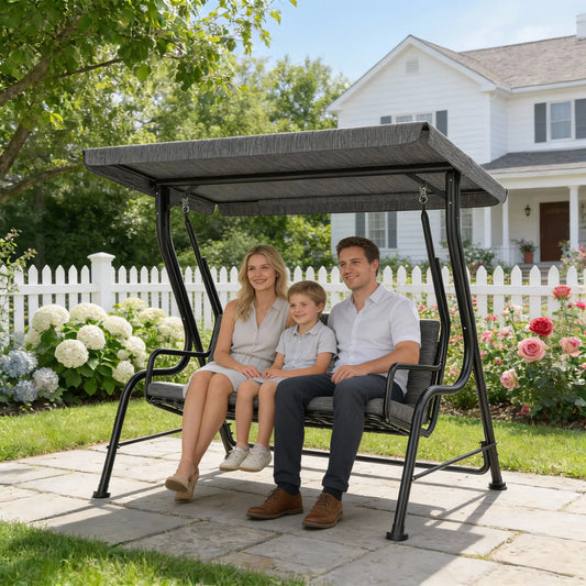 3-Person Porch Swing Chair, Adjustable Canopy, Removable Cushion, Black Patio Swings with Stand Black at Gallery Canada