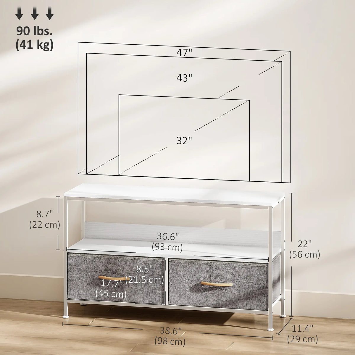 Meuble TV avec Station de Recharge, 2 Tiroirs Pliables, Étagère Ouverte, 47 Pouces, Blanc