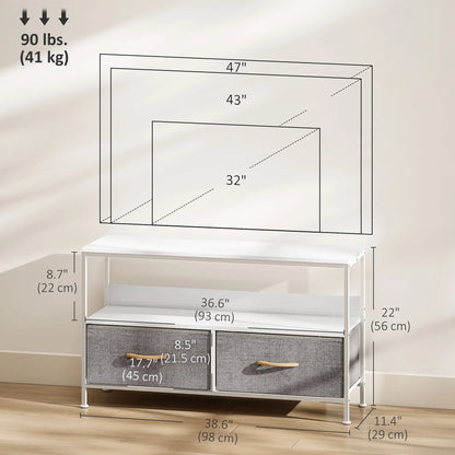 Meuble TV avec Station de Recharge, 2 Tiroirs Pliables, Étagère Ouverte, 47 Pouces, Blanc