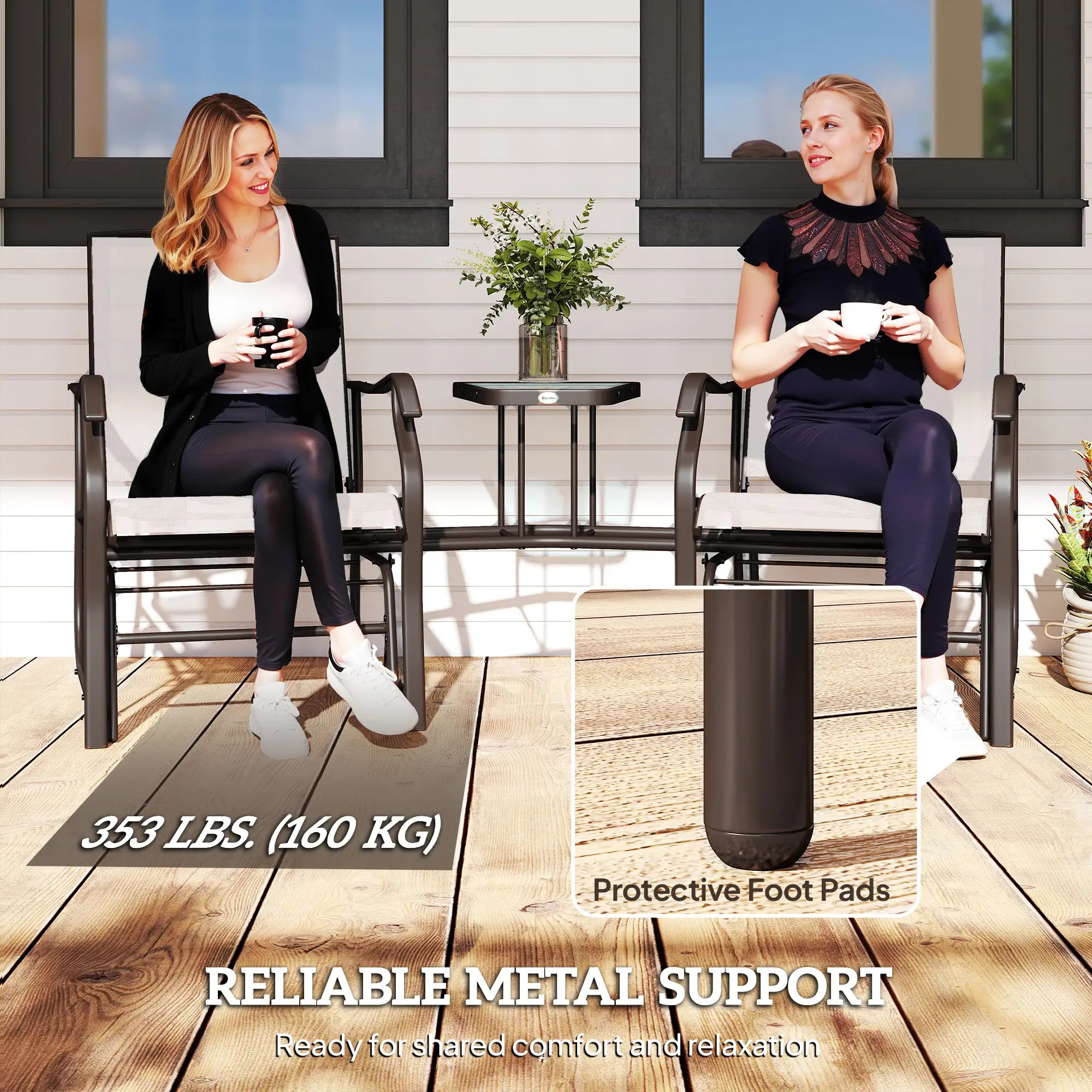Double Glider Chair, Glass Top Table, High Back, Sling Fabric, Beige Outdoor Gliders at Gallery Canada