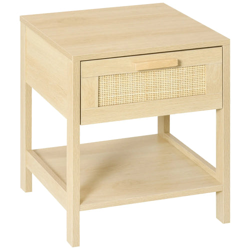 Narrow Nightstand with Rattan, Drawer, Storage Shelf, Natural
