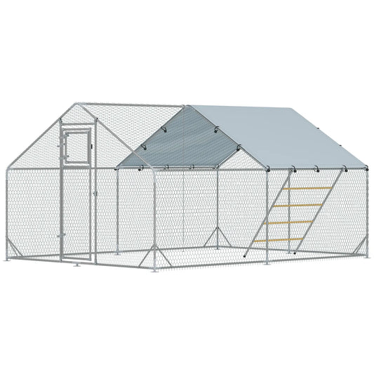 Large Metal Chicken Run, Waterproof UV-Resistant Cover, Feeding Door, Hanging Feeder, Perch, 12-18 Chickens Chicken Coops Silver at Gallery Canada