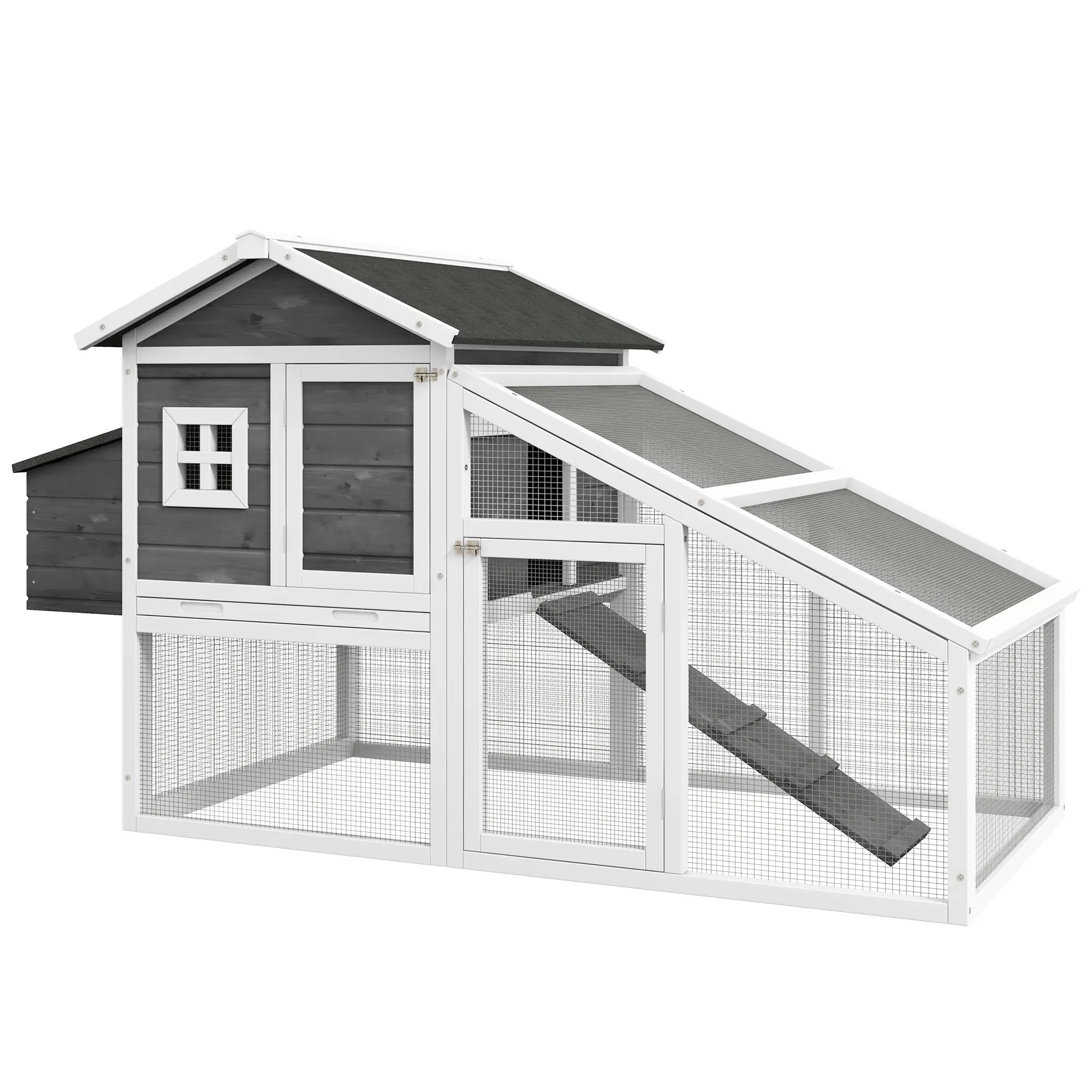 69 Wooden Chicken Coop with Run, Nesting Box, Tray, Grey Chicken Coops White and Grey at Gallery Canada