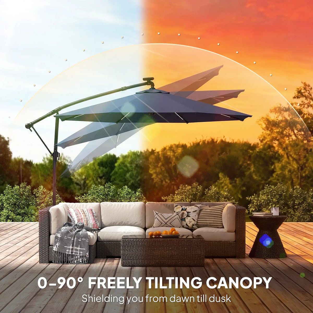 10 ft Offset Patio Umbrella, Solar Light, 360° Rotation, Tilt, Cover, Navy Blue Offset Cantilever Umbrellas at Gallery Canada