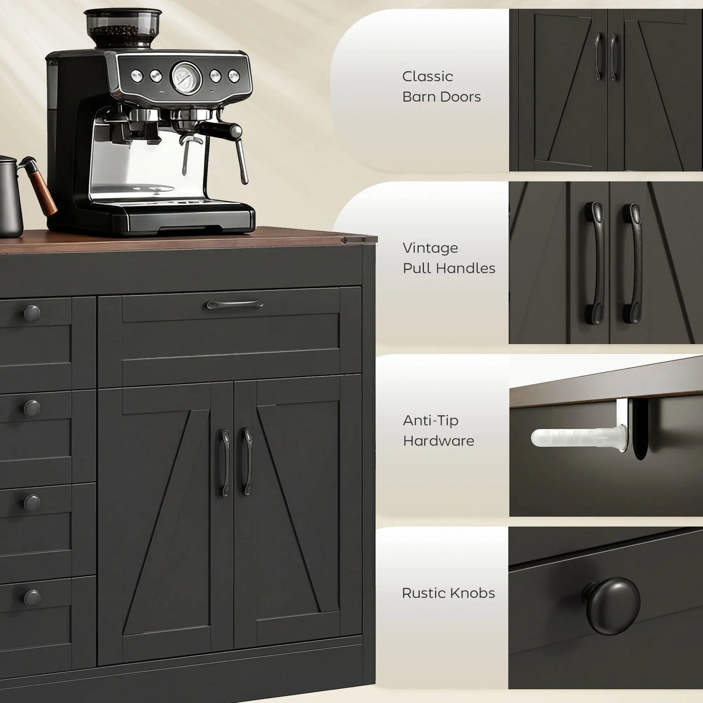 55" Sideboard Buffet Cabinet, Farmhouse Kitchen With Barn Doors, Black Bar Cabinets at Gallery Canada