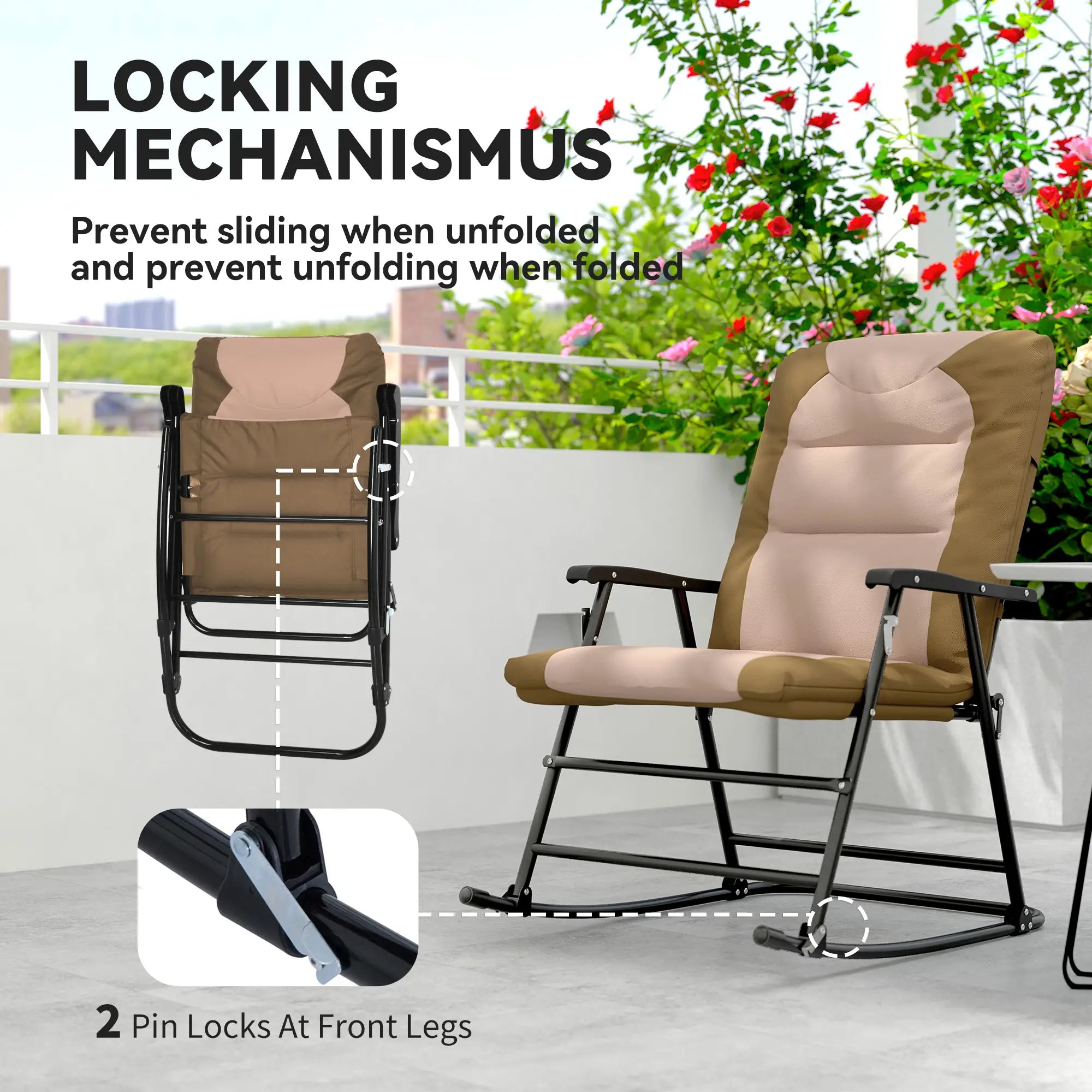 Folding Rocking Chair Set, 2 Padded Rockers with Armrest, Light Brown Outdoor Rocking Chairs at Gallery Canada