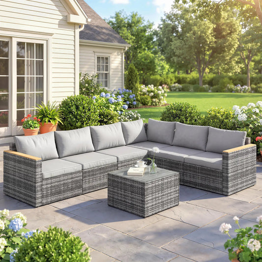L-Shaped Wicker Patio Furniture Set, 7 Piece, Light Grey Patio Furniture Sets Light Grey, Mixed Grey, Beige at Gallery Canada