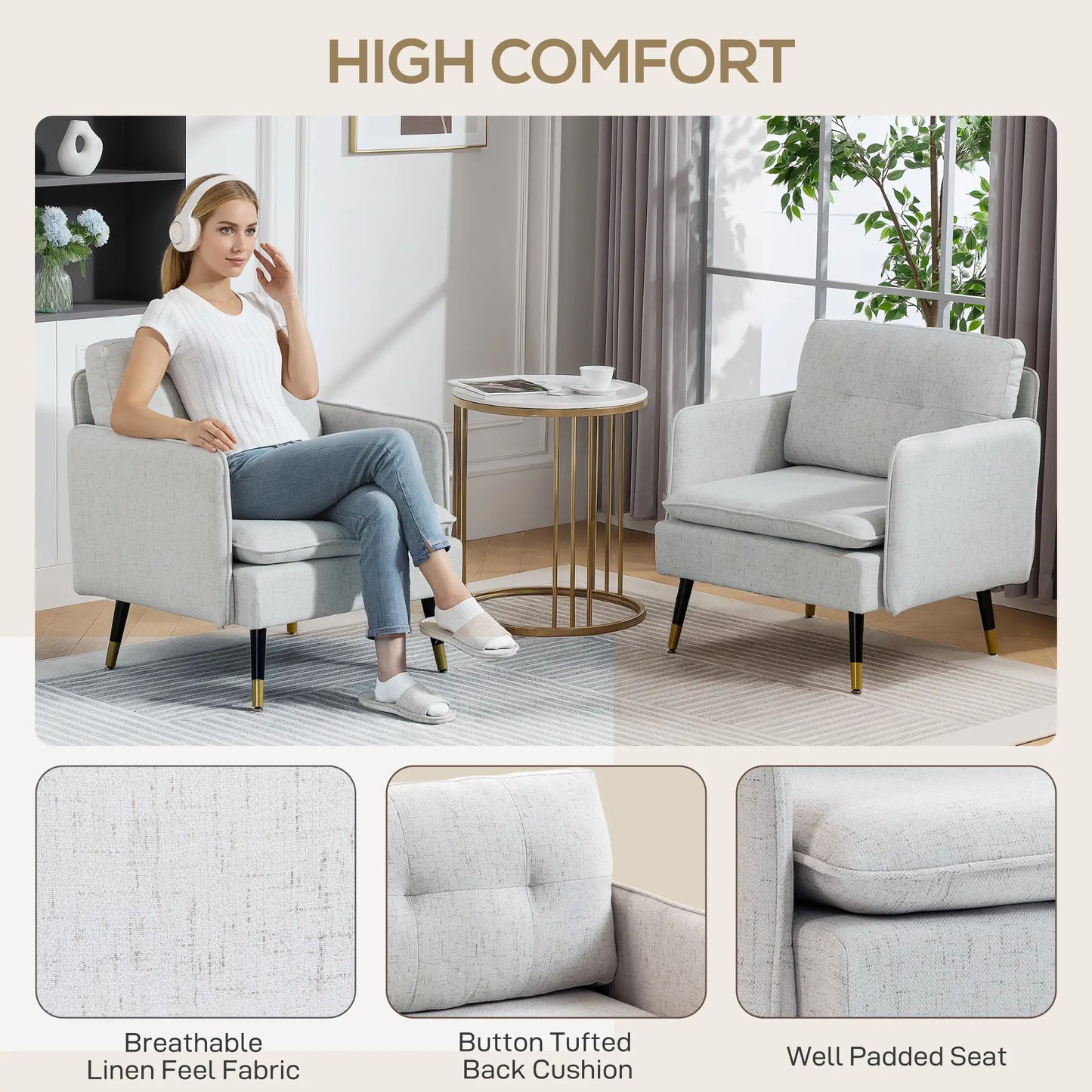 Accent Chairs Set of 2, Upholstered Armchairs, Tufted Back Cushion, Steel Legs Accent Chairs at Gallery Canada