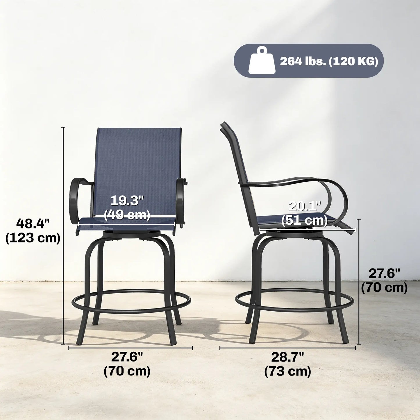 Outdoor Bar Stools Set of 2, 360° Swivel, 26.8" x 29.5" x 48.4", Navy Blue Bistro Sets at Gallery Canada