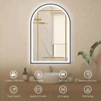 24" x 36" LED Bathroom Mirror, Arched Tempered Glass, Anti-Fog, Dimmable, Black
