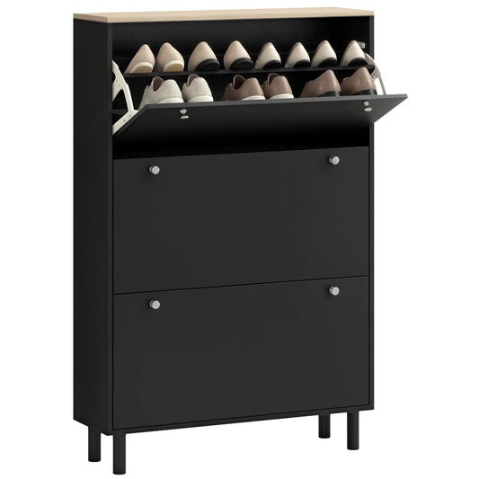 Shoe Storage, 3 Flip Drawers, Adjustable Shelves, 24 Pairs, Black Shoe Storage Cabinets & Racks Black, Light Oak at Gallery Canada