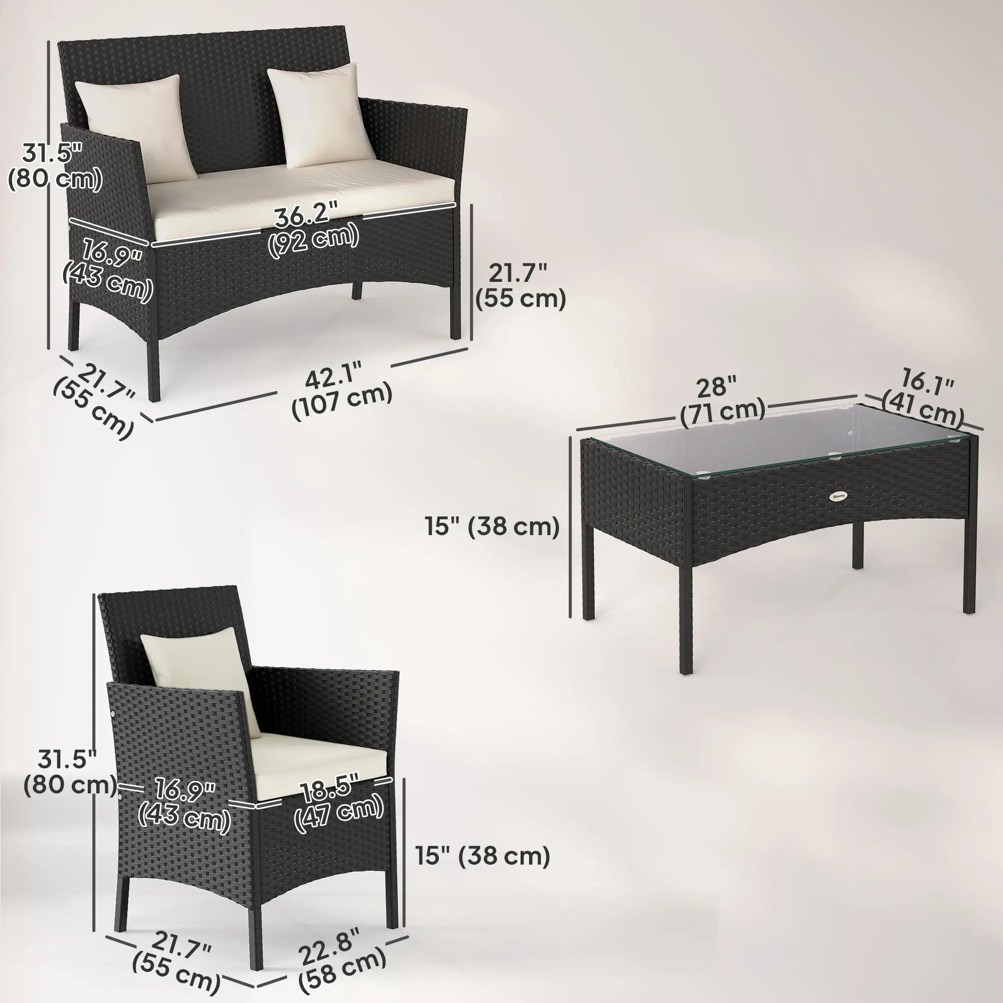 4-Piece Rattan Patio Set, Coffee Table, 22.8