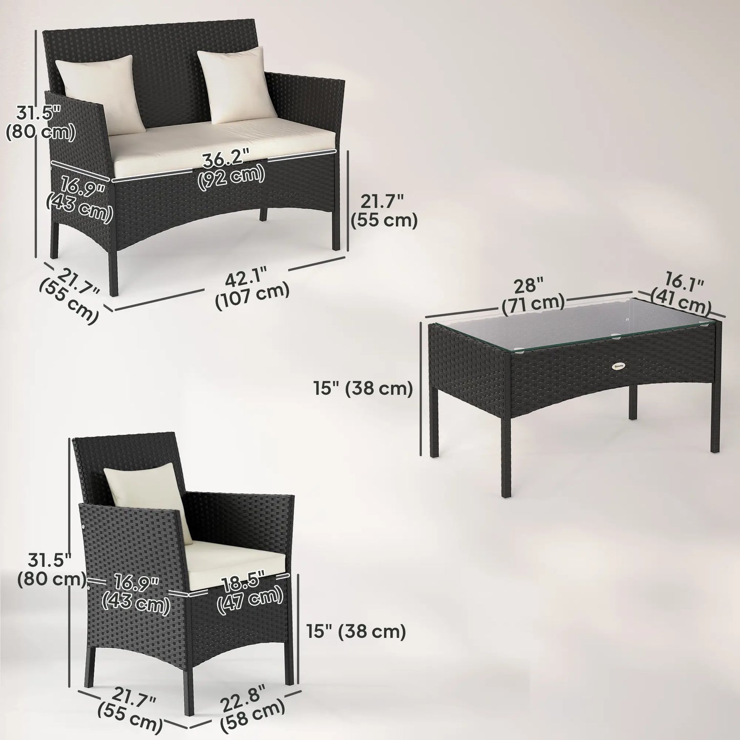 4-Piece Rattan Patio Set, Coffee Table, 22.8" W x 21.7" D x 33.5" H, Black Cream Patio Furniture Sets at Gallery Canada
