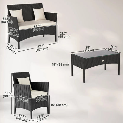 4-Piece Rattan Patio Set, Coffee Table, 22.8" W x 21.7" D x 33.5" H, Black Cream Patio Furniture Sets at Gallery Canada