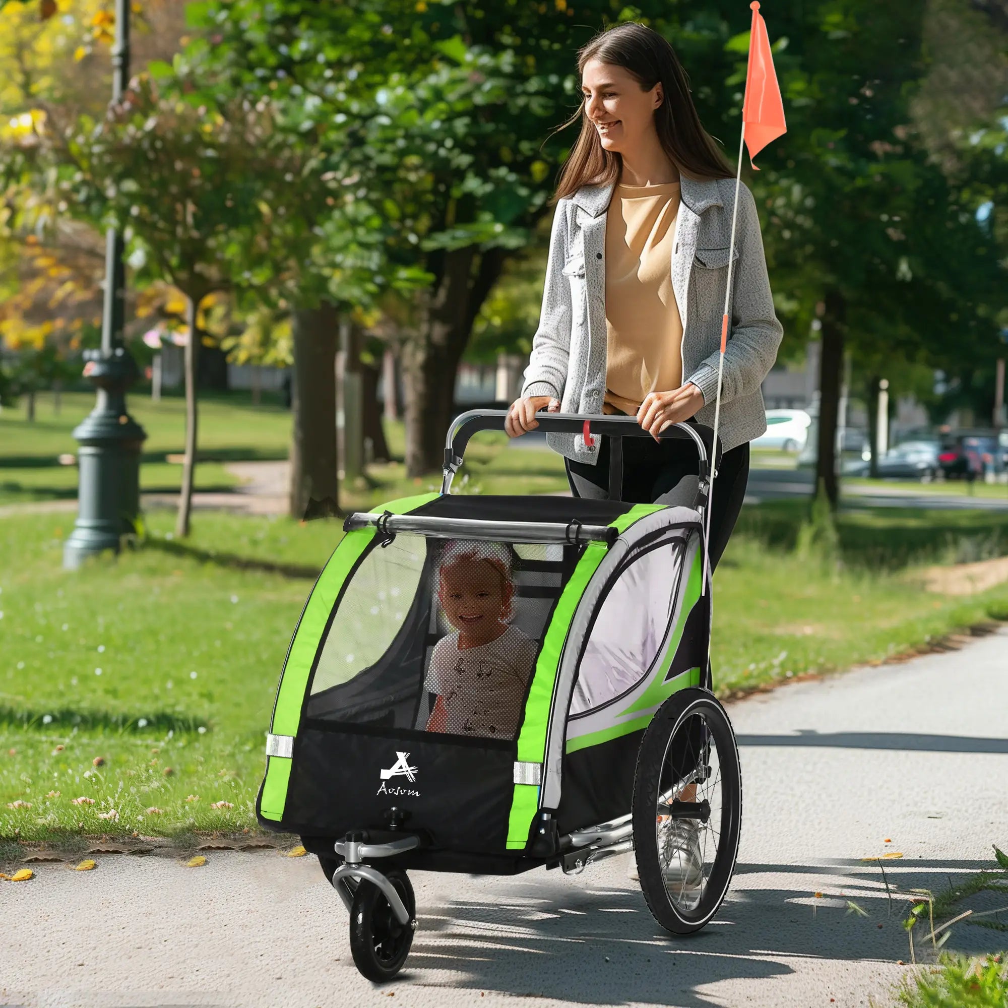 3-in-1 Bike Trailer, Running Stroller, 2 Seats, 5-Point Harness, Storage, Green Kids Bike Trailers at Gallery Canada