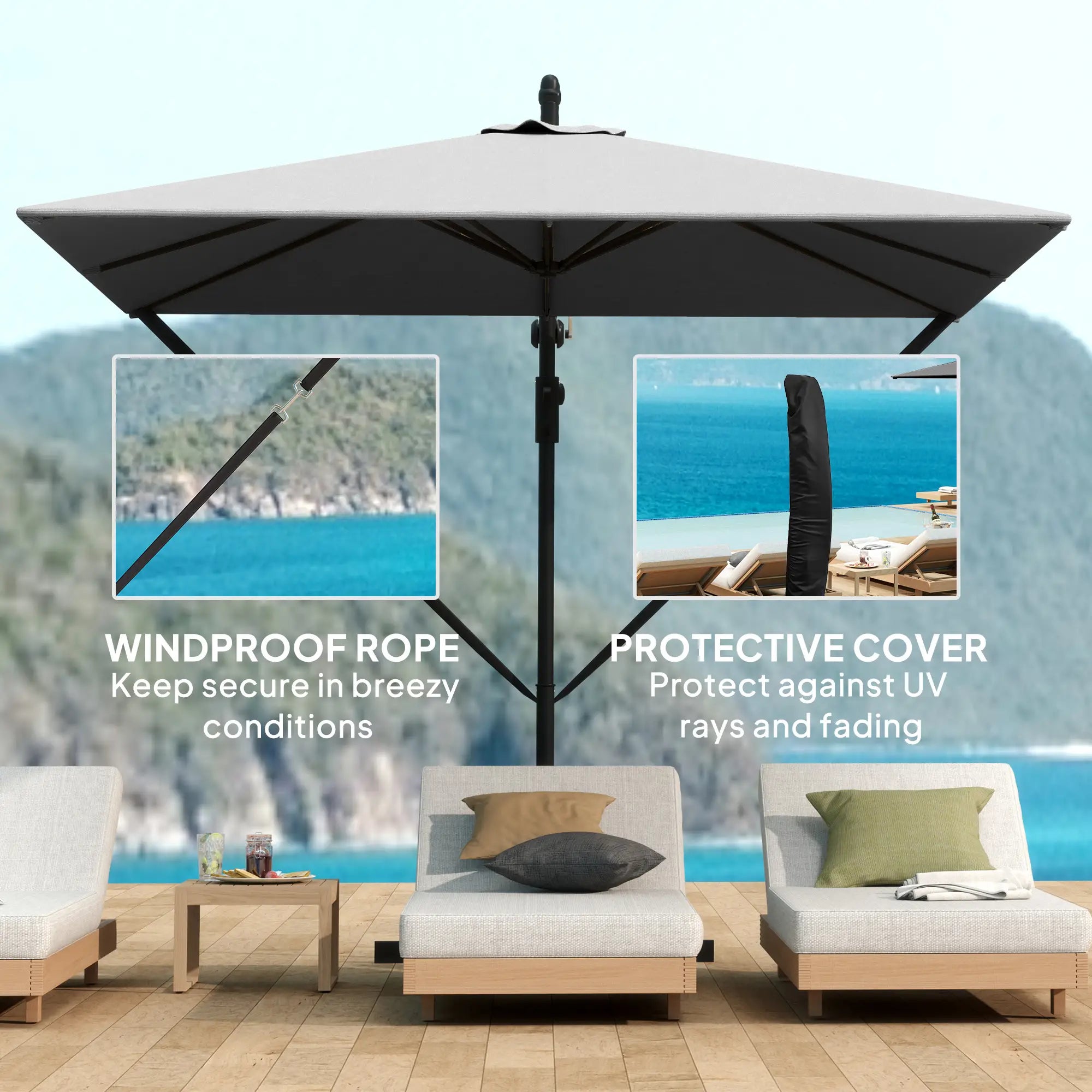 Patio Offset Umbrella, Crank Parasol With Base, Cover, Wind Securing, Khaki Offset Cantilever Umbrellas at Gallery Canada