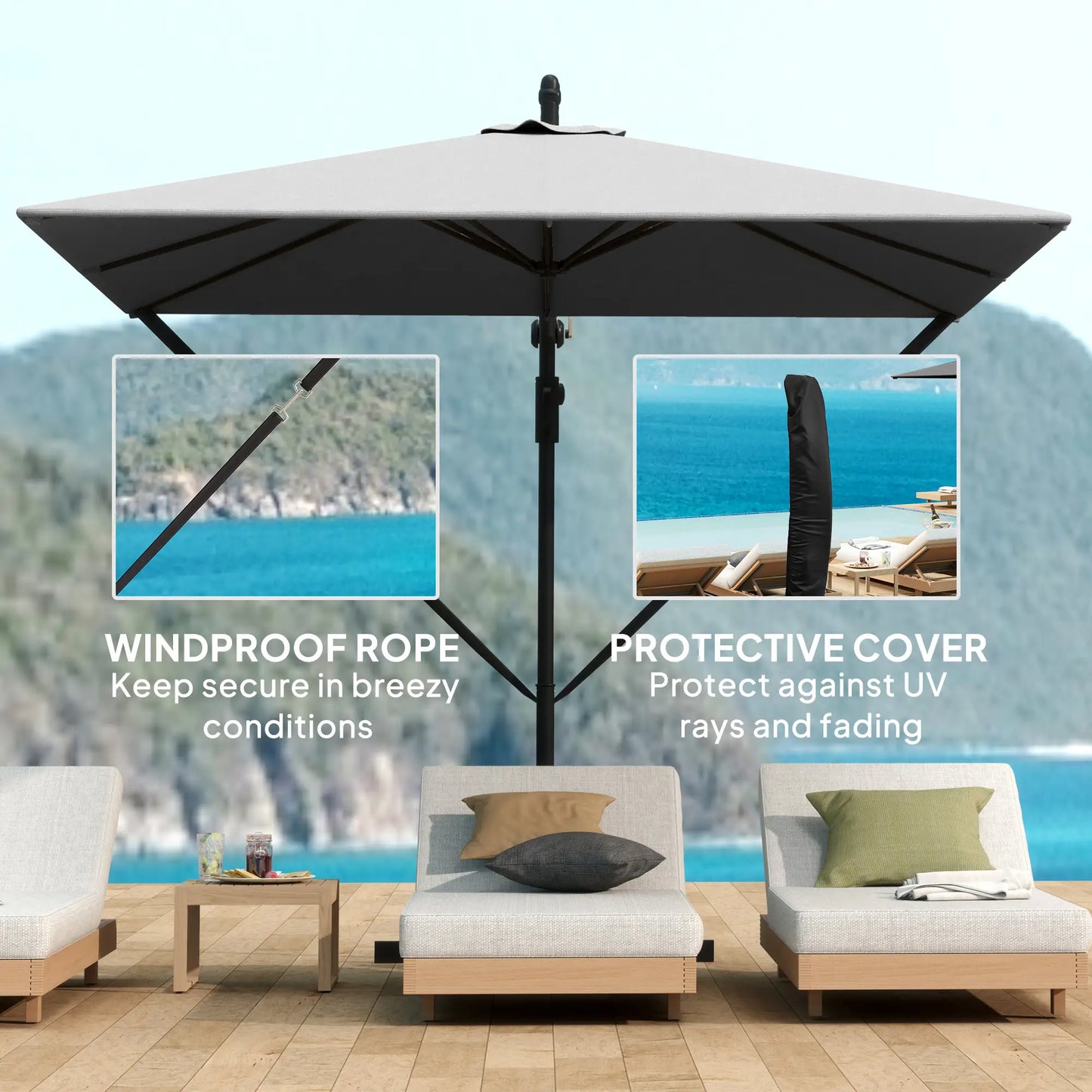 Patio Offset Umbrella, Crank Parasol With Base, Cover, Wind Securing, Khaki Offset Cantilever Umbrellas at Gallery Canada