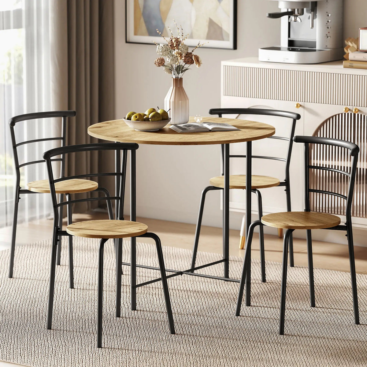 5 Piece Dining Table Set, Round for 4, Metal Frame, Natural Dining Table Sets at Gallery Canada