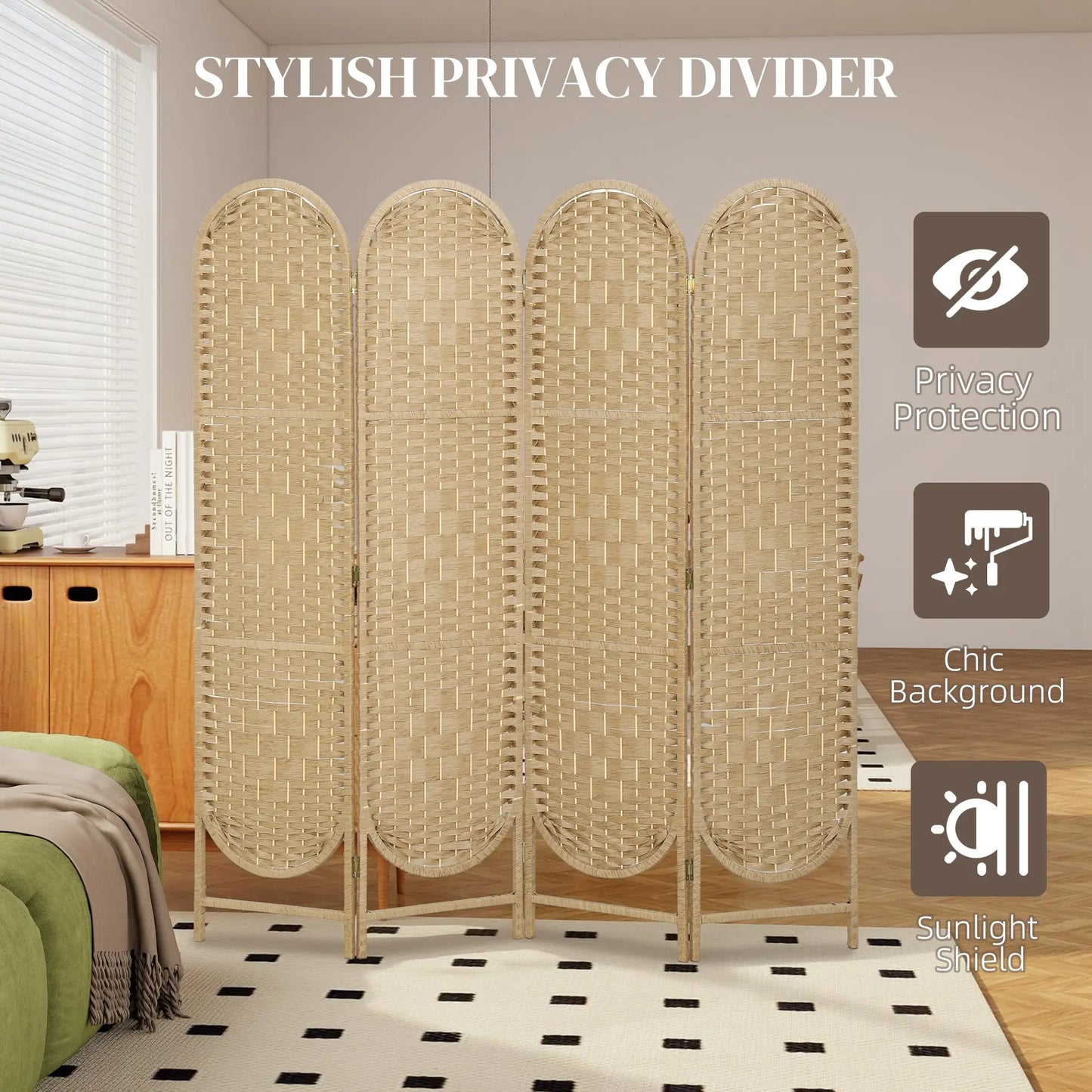 Bohemian Privacy Screen, 4 Panel Folding Room Divider, Arched Top, Natural Wood Room Dividers at Gallery Canada