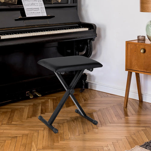 Adjustable Piano Bench, X-Style Folding Stool, Padded Seat, Black