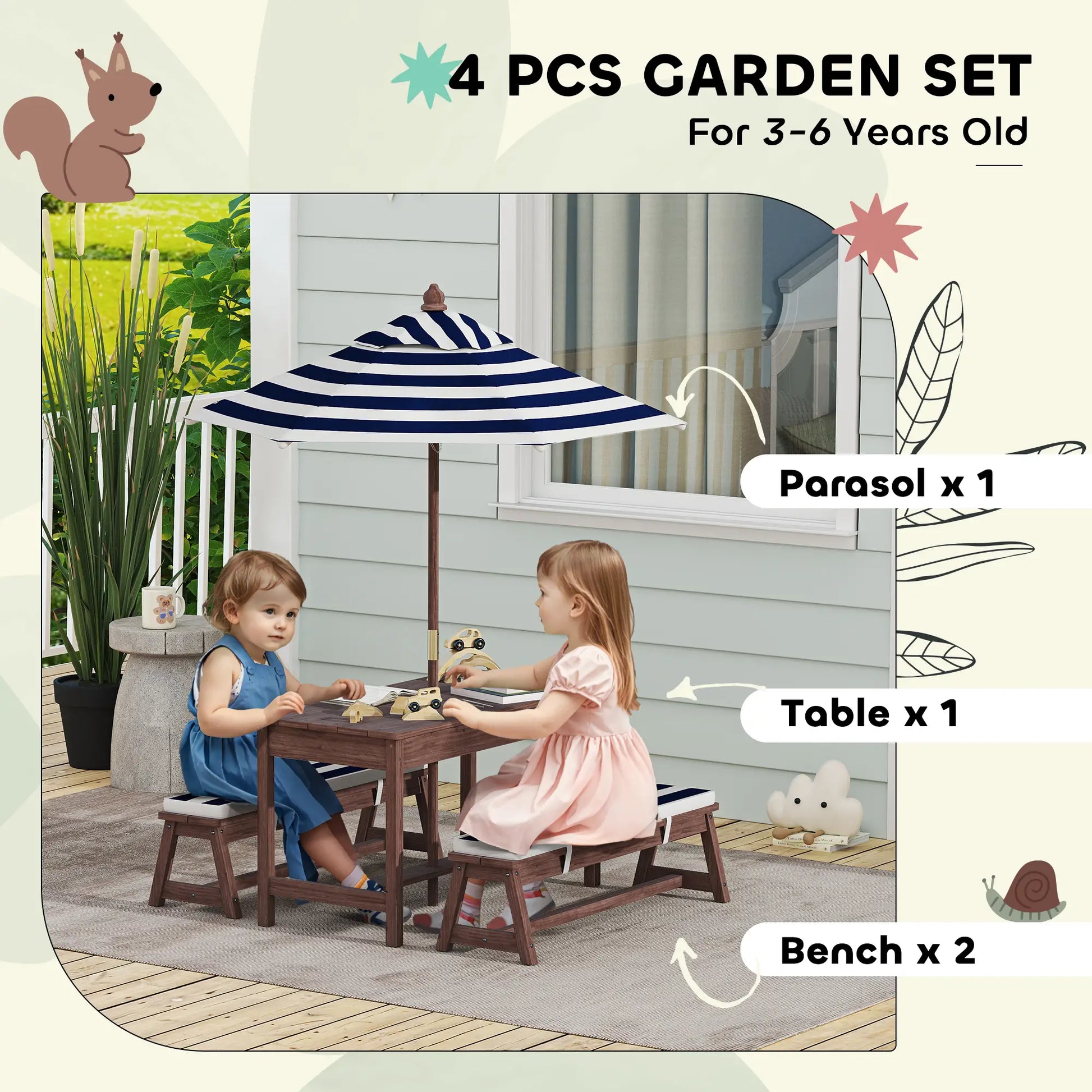 Kids Picnic Table Bench Set with Umbrella, Cushions, Navy Blue Kids Outdoor Furniture at Gallery Canada