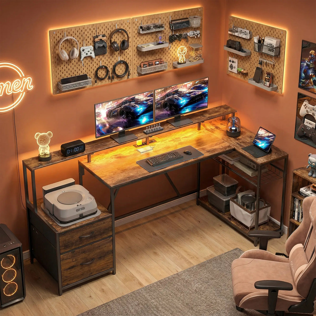 76" Gaming Desk, RGB Lights, USB Ports, Monitor Stand, Rustic Brown Gaming Desks at Gallery Canada