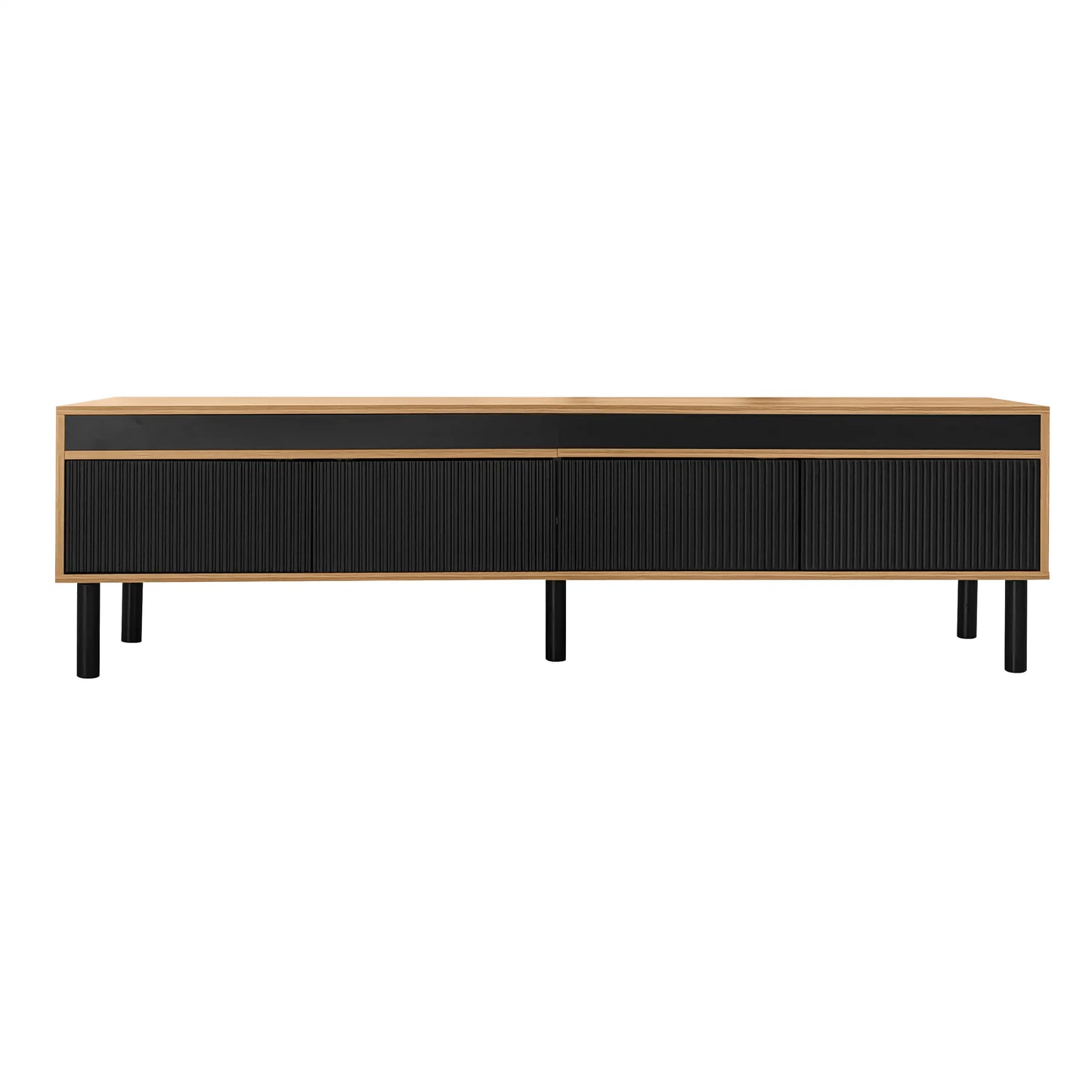 Elegant Stripe Design Stand, Sturdy Wooden Legs, 3 Doors, 67" L x 15" W x 18.5" H, Natural, Black TV Stands Black, Natural at Gallery Canada