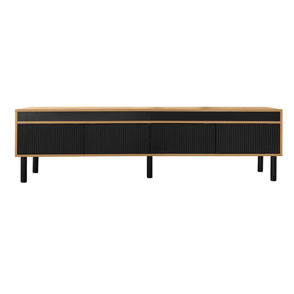 Elegant Stripe Design Stand, Sturdy Wooden Legs, 3 Doors, 67" L x 15" W x 18.5" H, Natural, Black TV Stands Black, Natural at Gallery Canada