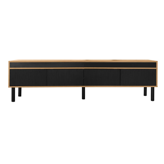 Elegant Stripe Design Stand, Sturdy Wooden Legs, 3 Doors, 67" L x 15" W x 18.5" H, Natural, Black TV Stands Black, Natural at Gallery Canada