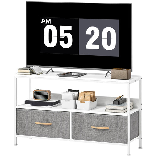 TV Stand with Charging Station, 2 Foldable Drawers, Open Shelf, 47 Inch, White