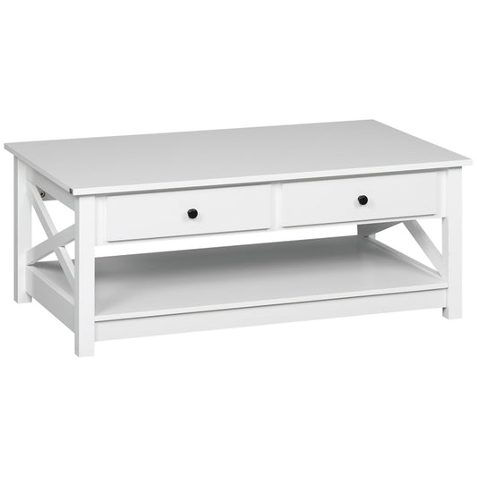 Coffee Table with Storage, Farmhouse Living Room Table with Drawers and Open Shelf, Centre Table with X-frames, White - Gallery Canada