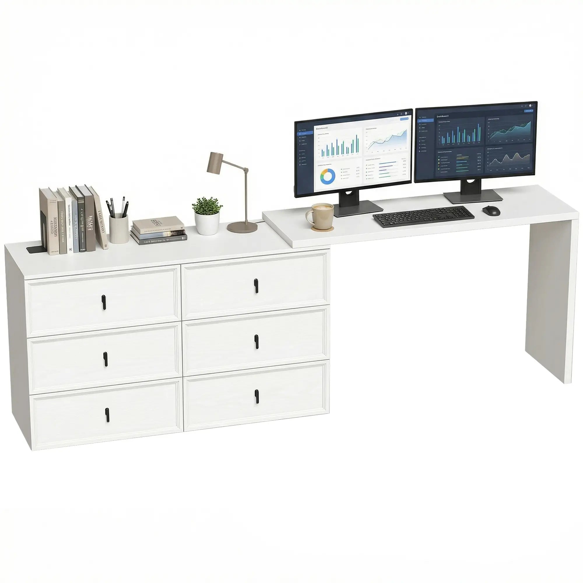 L Shaped Computer Desk, 6 Drawers, White Wood Grain, White Computer Desks White Wood Grain at Gallery Canada
