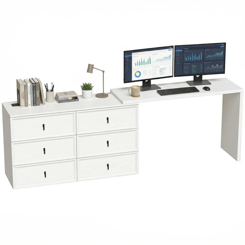 L Shaped Computer Desk, 6 Drawers, White Wood Grain, White