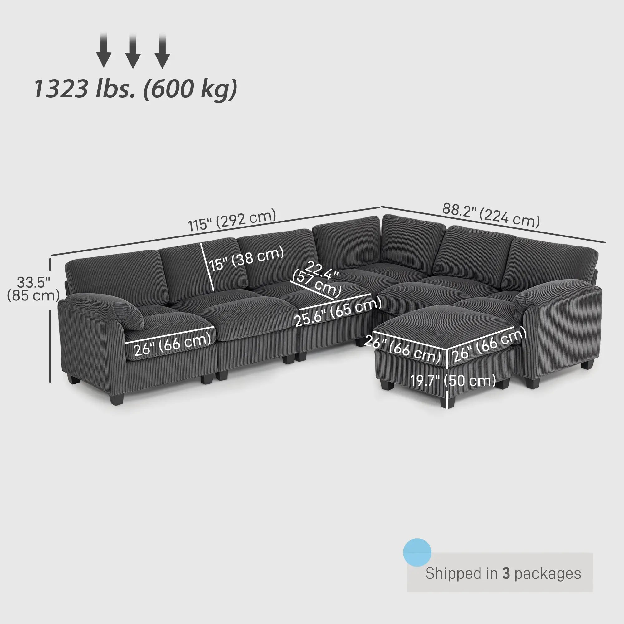 Modular Sectional Sofa, Oversized U-Shaped, Spring Cushion, Corduroy, Charcoal Grey 3-Seater Sofas at Gallery Canada