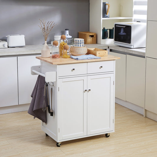 Rolling Kitchen Island with Storage, Kitchen Cart with Rubber Wood Top, Adjustable Shelf, Towel Rack, Hooks and Storage Drawers, White - Gallery Canada