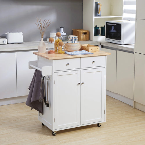 Rolling Kitchen Island with Storage, Adjustable Shelf, White