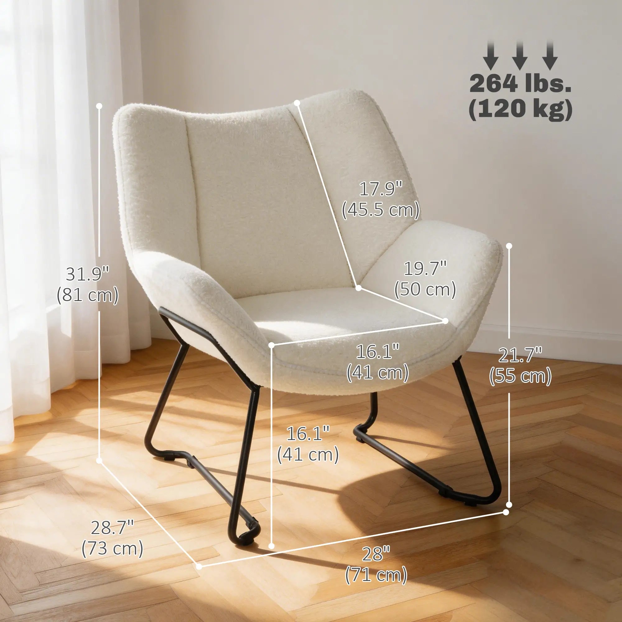 Accent Chair, Sherpa Fleece Armchair with Wide Backrest and Metal Legs, White Accent Chairs at Gallery Canada