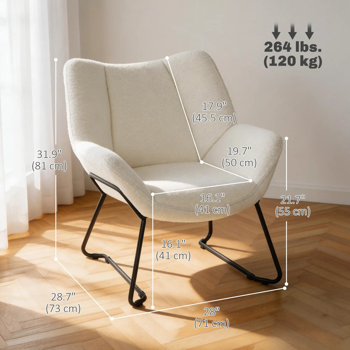 Accent Chair, Sherpa Fleece Armchair with Wide Backrest and Metal Legs, White Accent Chairs at Gallery Canada