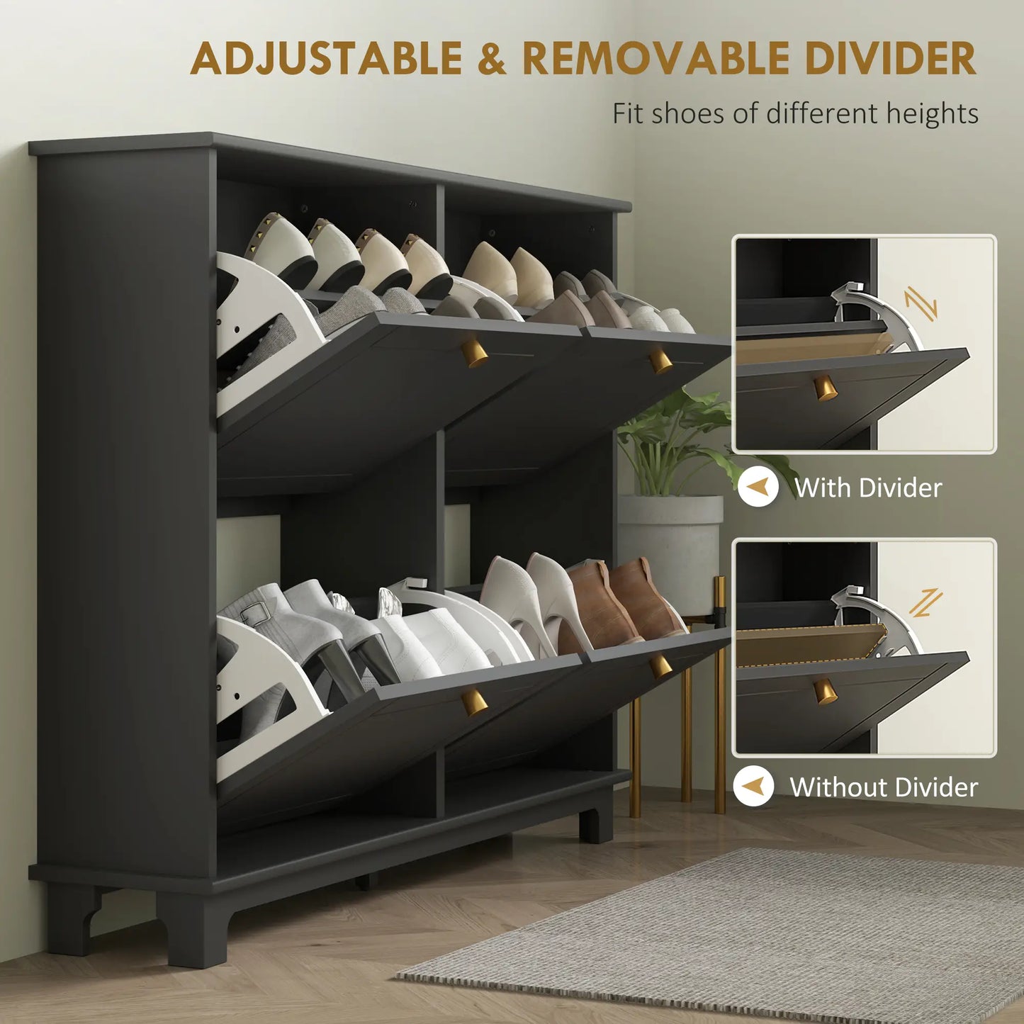 Modern Shoe Storage Cabinet, 4 Flip Drawers, Adjustable Shelves, 5 Legs, Black Shoe Storage Cabinets & Racks at Gallery Canada