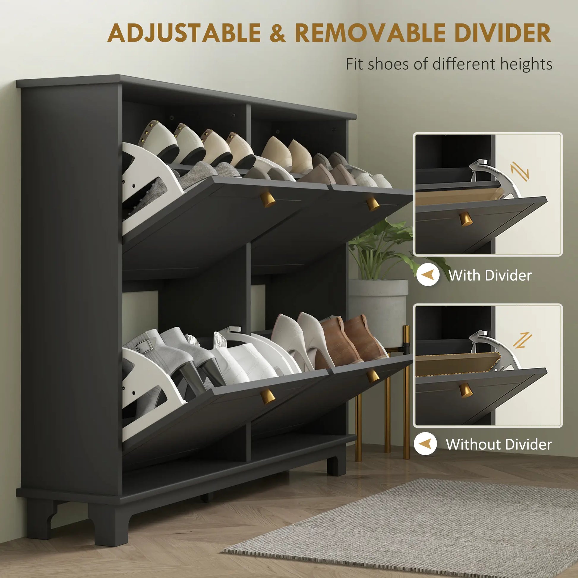 Modern Shoe Storage Cabinet, 4 Flip Drawers, Adjustable Shelves, 5 Legs, Black Shoe Storage Cabinets & Racks at Gallery Canada