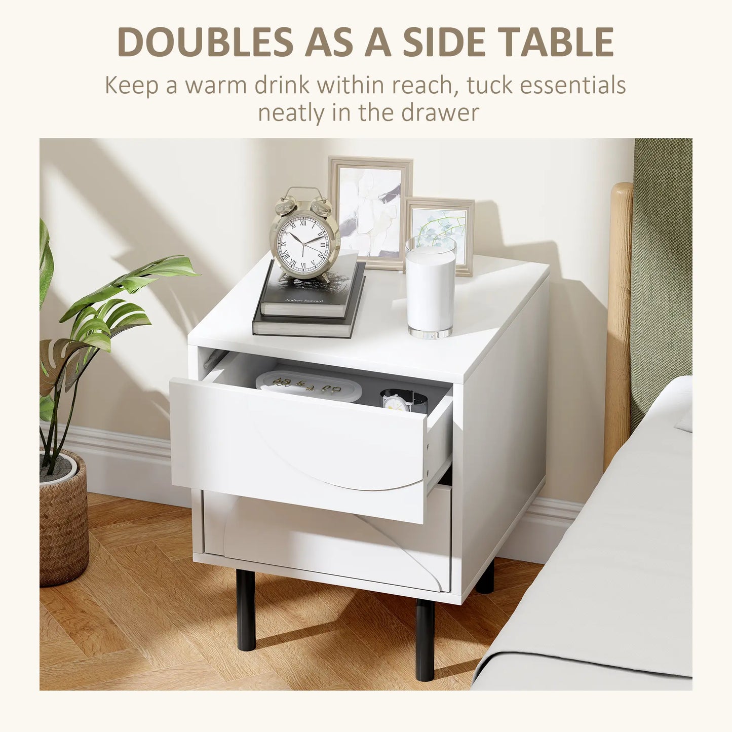 Modern Nightstand Set of 2, Push-to-Open Drawers, Steel Legs, White Bedside Tables at Gallery Canada