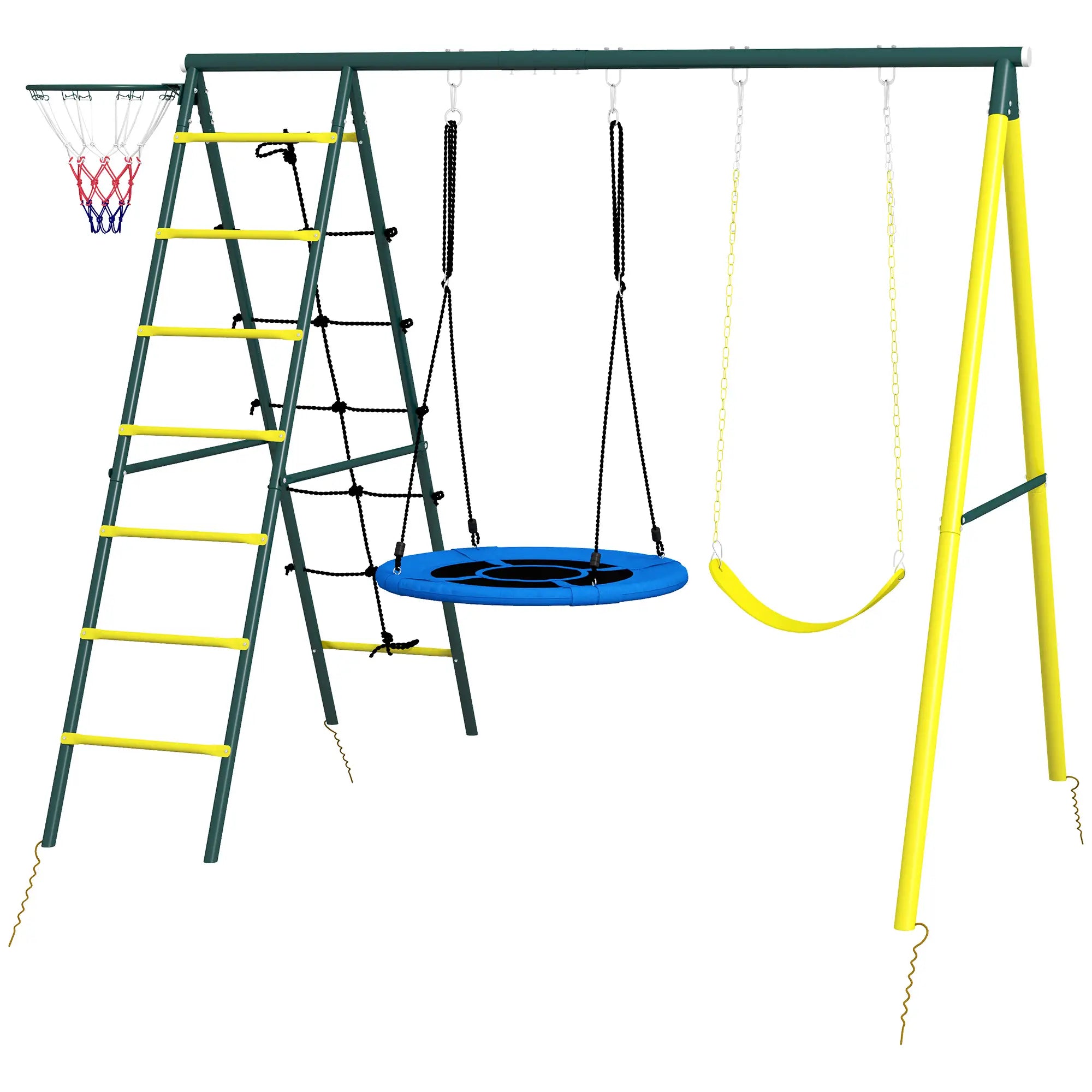 4 in 1 Swing Set, Saucer Swing, Seat, Ladder, Basketball Hoop, 3-8 Years, Yellow Gym Sets & Swings Yellow, Green, Blue at Gallery Canada