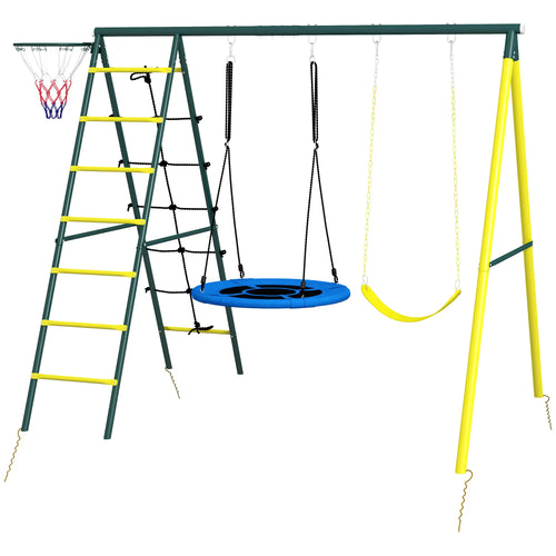 4 in 1 Swing Set, Saucer Swing, Seat, Ladder, Basketball Hoop, 3-8 Years, Yellow