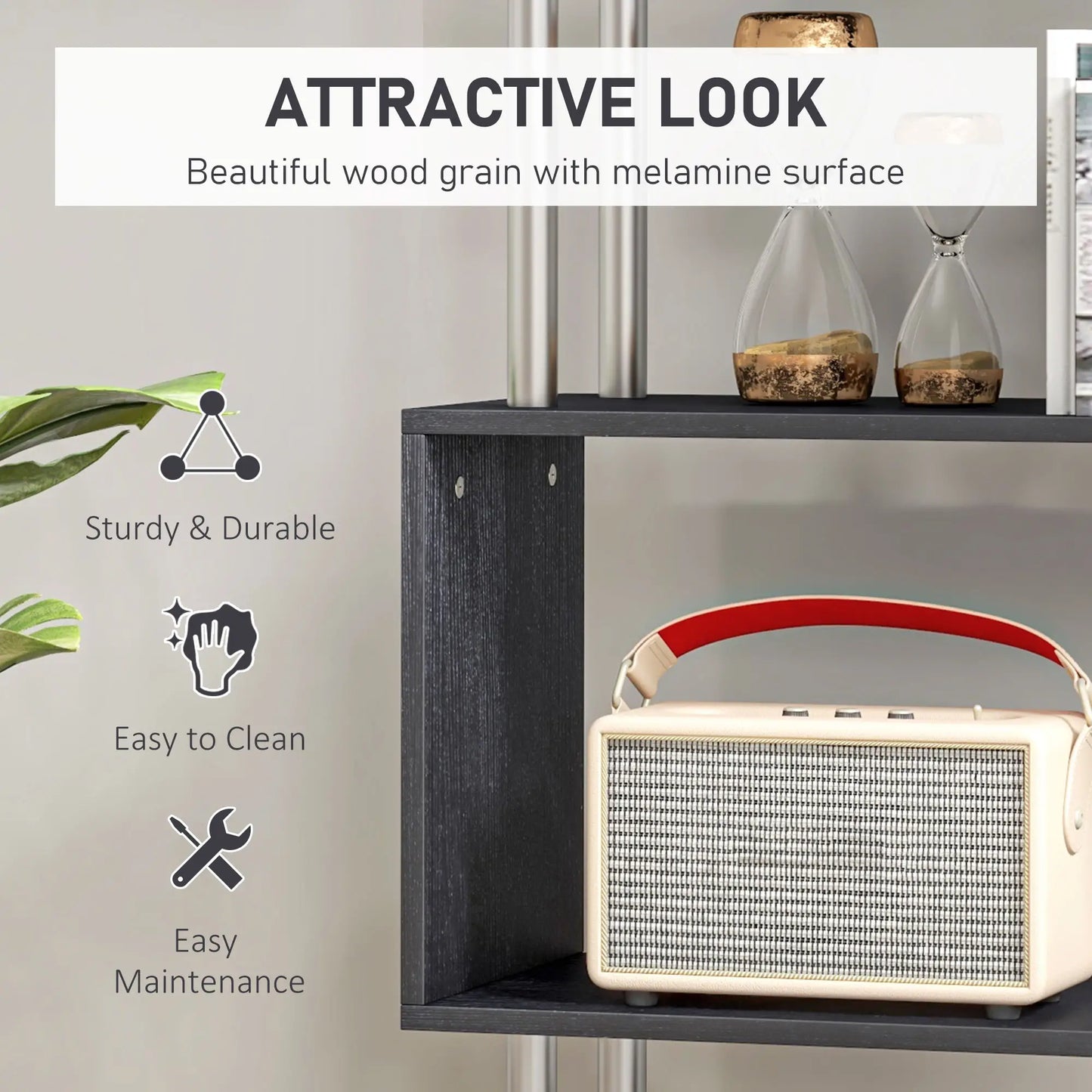 5-Tier Geometric Wooden Bookcase, S-Shaped Storage, Black Display Bookshelves at Gallery Canada