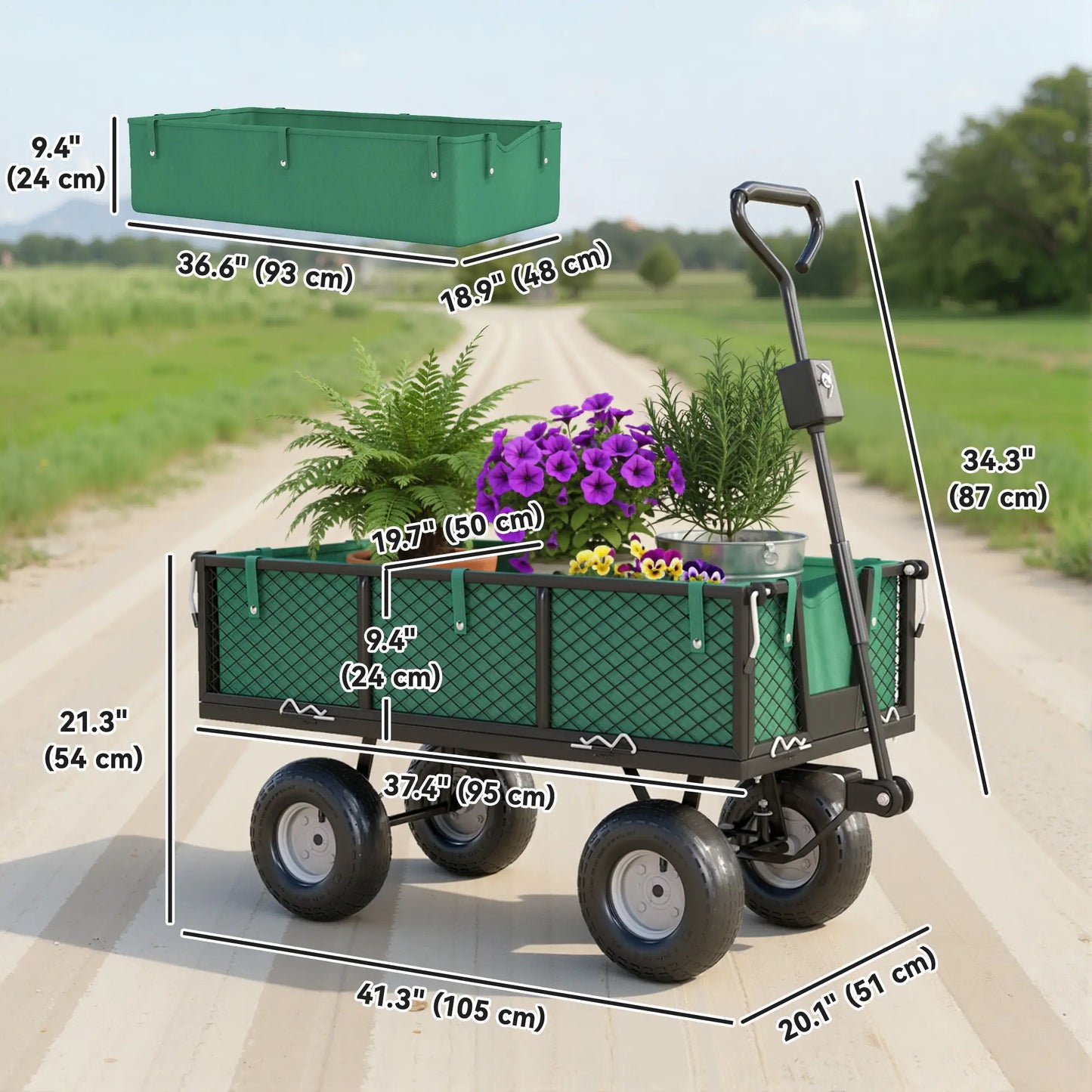 Steel Garden Cart, Removable Liner, Quick-Release Sides, 10" Wheels, 660lbs, Green