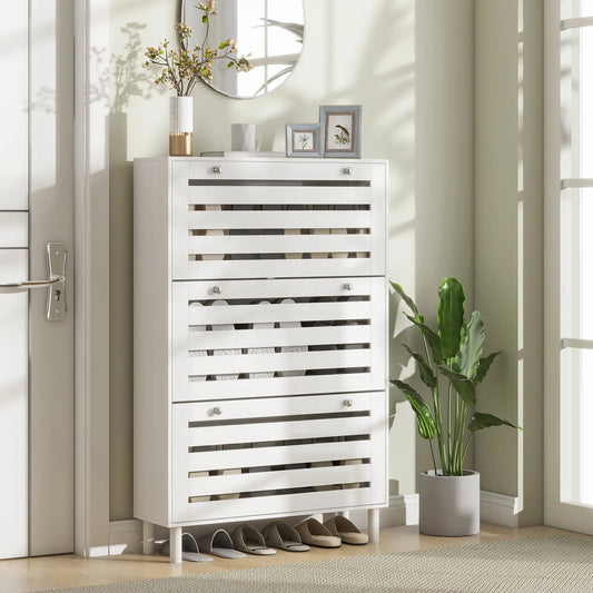 Narrow Shoe Storage Cabinet, 3 Flip Drawers, Adjustable Shelves, 24 Pairs, White Shoe Storage Cabinets & Racks White at Gallery Canada