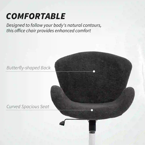 Velvet Swivel Office Chair, Wide Bucket Seat, Butterfly Back, Dark Grey